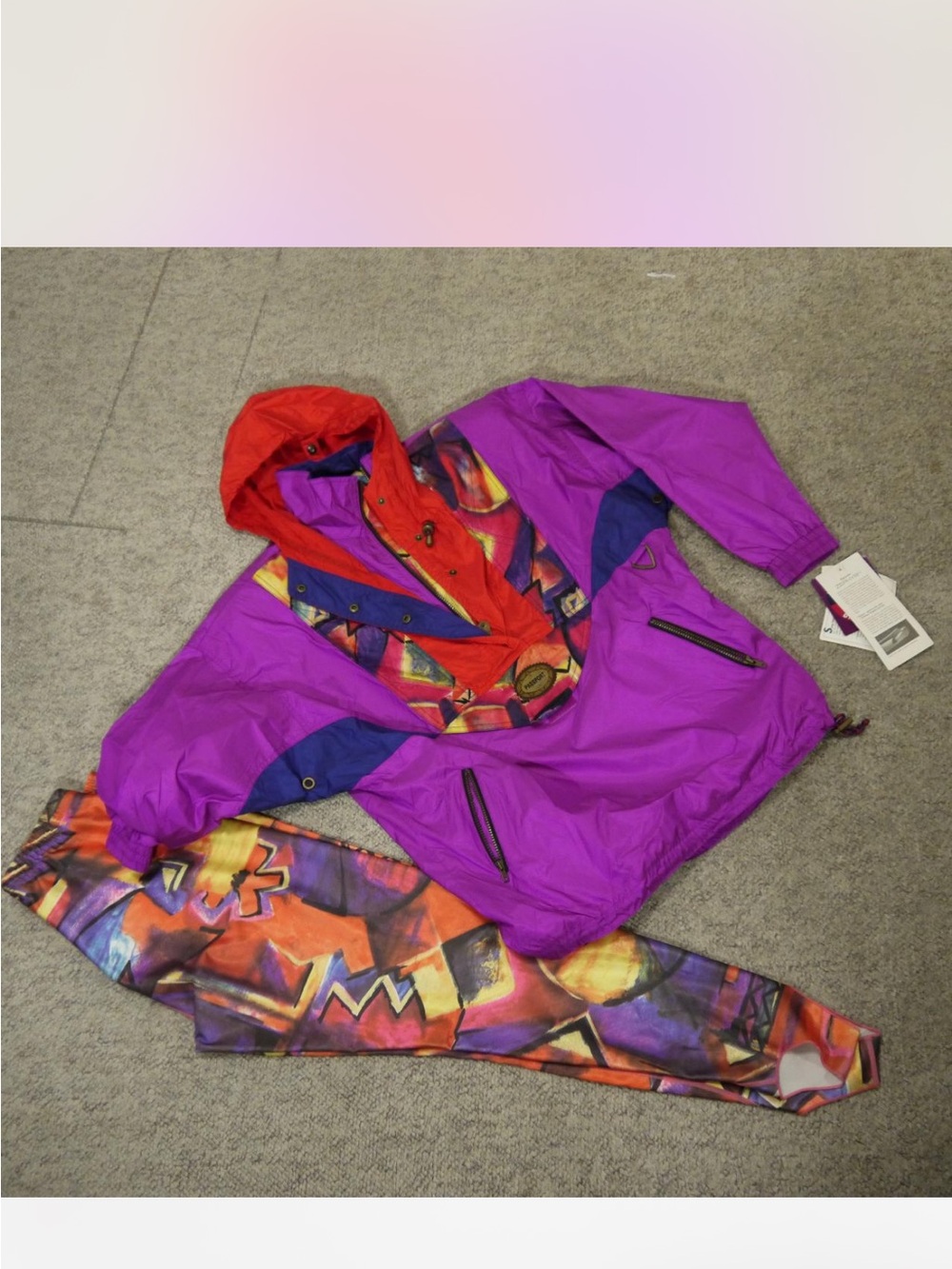 Vibrant Purple & Red Retro Ski Jacket with Abstract Print Pants